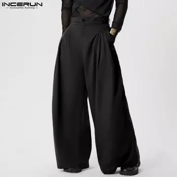 INCERUN Мужские брюки с застежкой-молнией, широкие, плиссированные, однотонные, с высокой талией, свободные, длинные брюки L чёрный