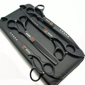 Inch Titanium Black Professional Pet Grooming Scissors Set of 4 Straight Thinning Curved Scissors for Dog Grooming 7.0 Set, & & (Black) чёрный