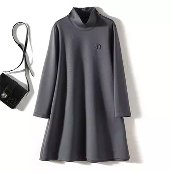 Inclusive Skirt! Large Version ~ Women s High Collar Nine-Quarter Sleeve Glossy Silk a Sub Embroidered Hide Belly Dress Fall and Winter Cyan 2XL recommend 72.50kg