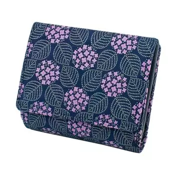 Inden Bifold Coin Hydrangea Navy Blue x Purple Calico x Gray Lacquer 8004 [Indenya] Кошелек, Кошелек, Кошелек в форме коробки, Оленья кожа, Мисо, Узор,