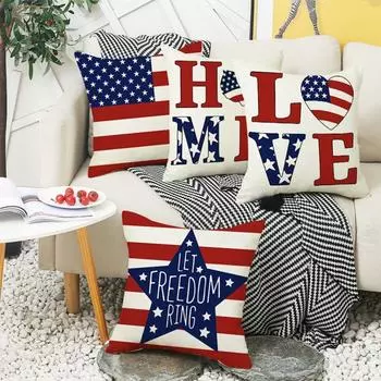 Independence Day Cushion Sofa Office Printed Linen Pillow Cover Cushion Cover Does Not Include Pillow Core 45*45cm