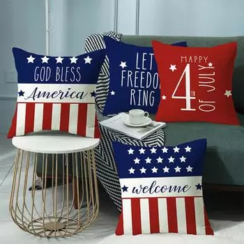 Independence Day Cushion Sofa Office Printed Linen Pillow Cover Cushion Cover Does Not Include Pillow Core 45*45cm