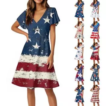 Independence Day Dresses Flared Sleeve Short Sleeve Casual V-Neck Dresses XXL тёмно-синий