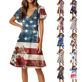 Independence Day Dresses Flared Sleeve Short Sleeve Casual V-Neck Dresses M синий