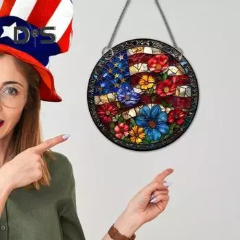 Independence Day Patriotic Door Sign with Chain 4th of July Front Door Wall Hanging Acrylic Welcome Doorplate Pendant Festival Decoration G