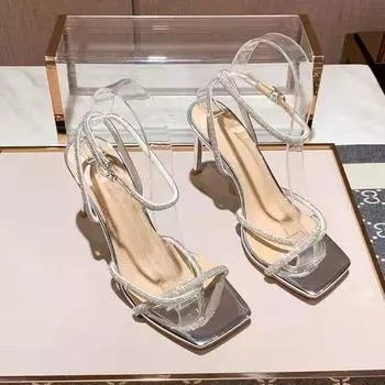 Independent Station 2025 Новые босоножки на высоком каблуке большого размера со стразами, сексуальные, с закрученным ремешком, с квадратной головкой, с тонким каблуком, европейские и американские, импортные женские 35 чёрный