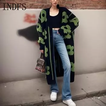 INDFS Женская мода повседневная осень-зима цветочный узор принт длинный рукав свитера S зелёный