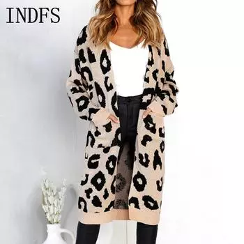 INDFS Женская мода Повседневный Осень Зима Леопардовый принт Длинный рукав V-образный вырез свитера S хаки