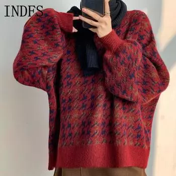 INDFS Women s Fashion Casual Fall Winter Houndstooth Print Long Sleeve O-Neck Sweaters Size: One Size темно-красного