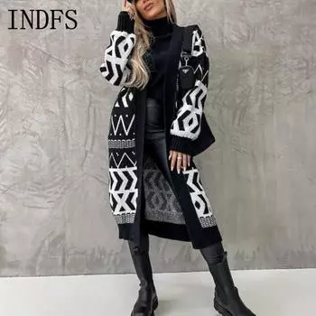 INDFS Женская мода повседневная осень-зима с геометрическим принтом, длинный рукав, V-образный вырез, свитера S чёрный