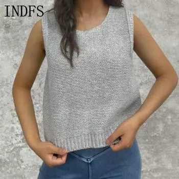INDFS Женская мода повседневная осень-зима однотонные принтованные безрукавки с U-образным вырезом свитера S серый