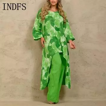 INDFS Женская мода Повседневная Весна Осень Цветочный узор Принт Длинные рукава О-образный вырез Блузки и рубашки Брюки Брючные костюмы M трава зеленый