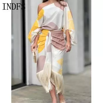 INDFS Женская мода Повседневная Летняя Весна Цветные Блоки Принт Длинный Рукав Косой Воротник Блузки и Рубашки Брюки Костюмы S