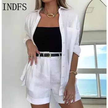 INDFS Женская мода повседневная летняя весенняя однотонная принтовая одежда с длинным рукавом и воротником-поло блузки и рубашки брюки костюмы S