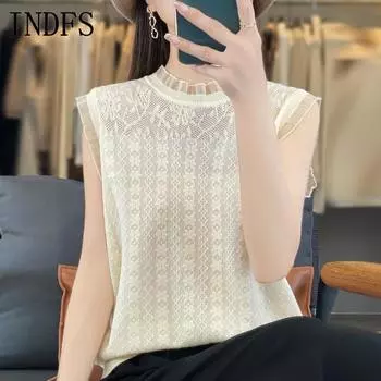 INDFS Женская мода повседневная летняя весна однотонный принт без рукавов полуводолазка свитера M бежевый