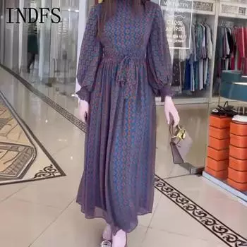INDFS Женская мода весна осень ромбовидный принт длинный рукав О-образный вырез высокая талия повседневные платья S