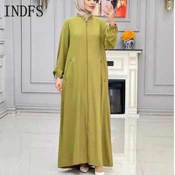 INDFS Женская мода весна осень однотонный принт длинный рукав стойка воротник свободная талия повседневные платья M