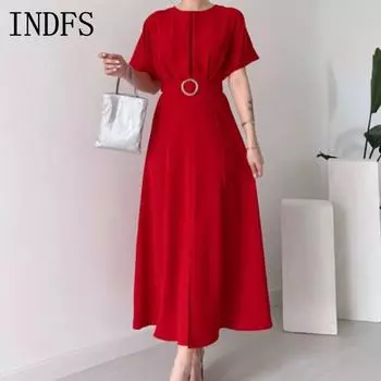 INDFS Женская мода лето весна однотонный принт с коротким рукавом и круглым вырезом с высокой талией повседневные платья S