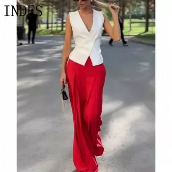 INDFS Женская мода Повседневная Летняя Весна Однотонные принты Без рукавов V-образный вырез Блузки и рубашки Брюки Костюмы S