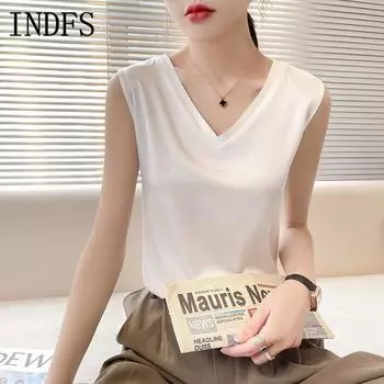 INDFS Женская мода Повседневная Летняя Весна Однотонные принты Без рукавов V-образный вырез Блузки и рубашки S белый