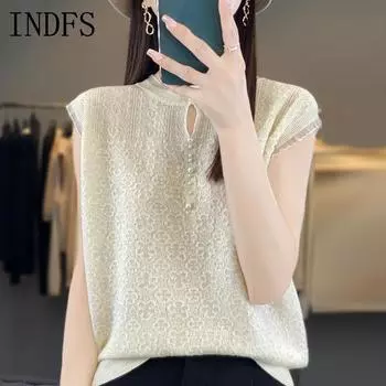 INDFS Женская мода Повседневная Летняя Весна Однотонные принты Без рукавов О-образным вырезом Блузки и рубашки M бежевый