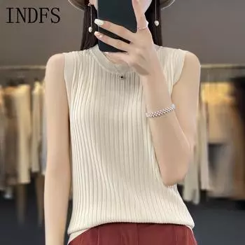 INDFS Женская мода Повседневная Летняя Весна Однотонные принты Без рукавов О-образным вырезом Блузки и рубашки S бежевый