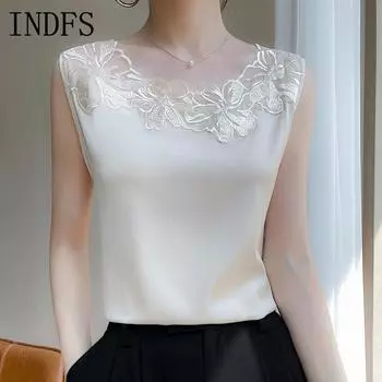 INDFS Женская мода Повседневная Летняя Весна Однотонные принты Без рукавов О-образным вырезом Блузки и рубашки S белый