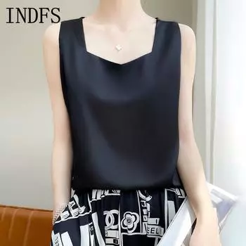 INDFS Женская мода Повседневная Летняя Весна Однотонные принты Без рукавов V-образный вырез Блузки и рубашки S белый
