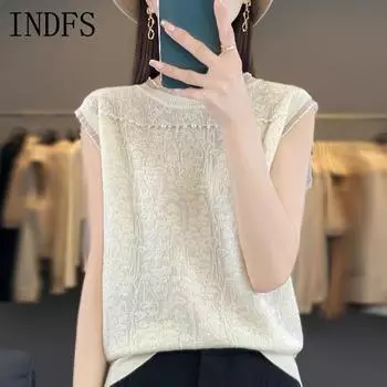 INDFS Женская мода Повседневная Летняя Весна Однотонные принты Без рукавов О-образным вырезом Блузки и рубашки M бежевый