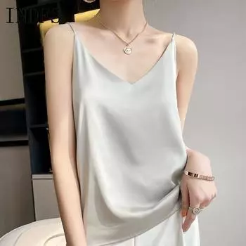 INDFS Женская мода Повседневная Летняя Весна Однотонные принты Без рукавов V-образный вырез Блузки и рубашки S чёрный