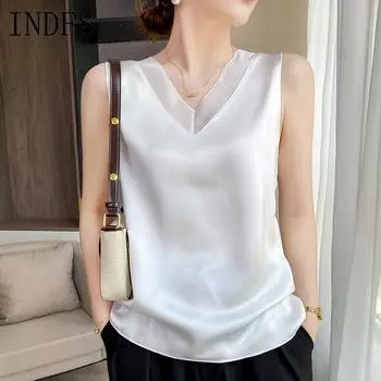 INDFS Женская мода Повседневная Летняя Весна Однотонные принты Без рукавов V-образный вырез Блузки и рубашки S белый