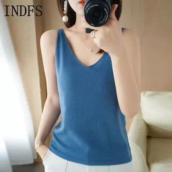 INDFS Женская мода Повседневная Летняя Весна Однотонные принты Без рукавов V-образный вырез Блузки и рубашки XXL