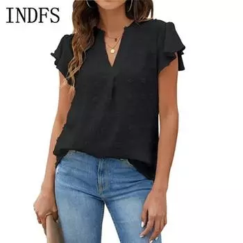 INDFS Женская мода Повседневная Летняя Весна Однотонный Принт Короткие Рукава V-образный Вырез Блузки и Рубашки S розовый