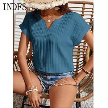 INDFS Женская мода Повседневная Летняя Весна Однотонный Принт Короткие Рукава V-образный Вырез Блузки и Рубашки S синий