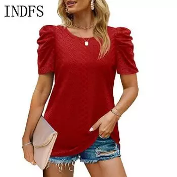 INDFS Женская мода Повседневная Летняя Весна Однотонный Принт Короткие Рукава О-Образным Вырезом Блузки и Рубашки S розовый