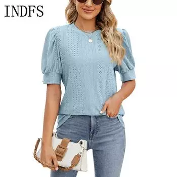 INDFS Женская мода Повседневная Летняя Весна Однотонный Принт Короткие Рукава О-Образным Вырезом Блузки и Рубашки S розовый