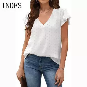 INDFS Женская мода Повседневная Летняя Весна Однотонный Принт Короткие Рукава V-образный Вырез Блузки и Рубашки S розовый