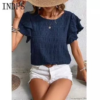 INDFS Женская мода Повседневная Летняя Весна Однотонный Принт Короткие Рукава О-Образным Вырезом Блузки и Рубашки S красный