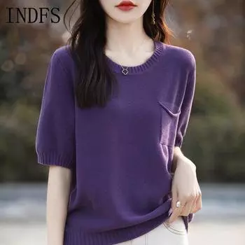 INDFS Женская мода Повседневная Летняя Весна Однотонный Принт Короткие Рукава О-Образным Вырезом Блузки и Рубашки S фиолетовый
