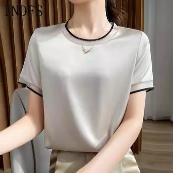 INDFS Женская мода Повседневная Летняя Весна Однотонный Принт Короткие Рукава О-Образным Вырезом Блузки и Рубашки M
