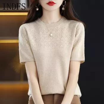 INDFS Женская мода Повседневная Летняя Весна Однотонный Принт Короткие Рукава О-Образным Вырезом Блузки и Рубашки Within S45kg