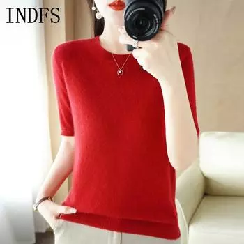 INDFS Женская мода Повседневная Летняя Весна Однотонный Принт Короткие Рукава О-Образным Вырезом Блузки и Рубашки S чёрный