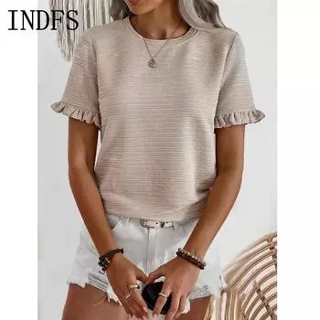 INDFS Женская мода Повседневная Летняя Весна Однотонный Принт Короткие Рукава О-Образным Вырезом Блузки и Рубашки S розы красного