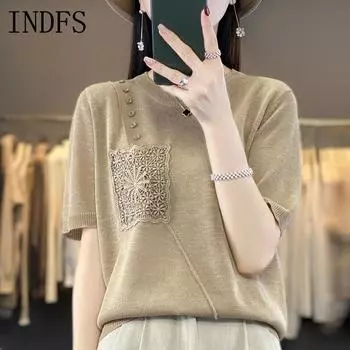 INDFS Женская мода Повседневная Летняя Весна Однотонный Принт Короткие Рукава О-Образным Вырезом Блузки и Рубашки M верблюд