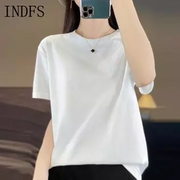 INDFS Женская мода Повседневная Летняя Весна Однотонный Принт Короткие Рукава О-Образным Вырезом Блузки и Рубашки S белый