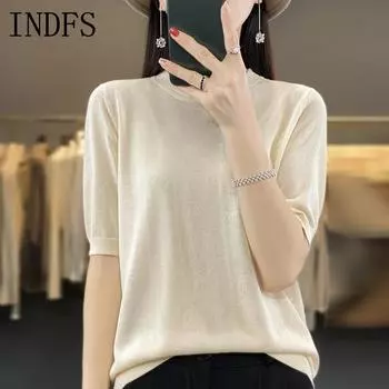 INDFS Женская мода Повседневная Летняя Весна Однотонный Принт Короткие Рукава О-Образным Вырезом Блузки и Рубашки S бежевый