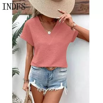 INDFS Женская мода Повседневная Летняя Весна Однотонный Принт Короткие Рукава V-образный Вырез Блузки и Рубашки XS красный
