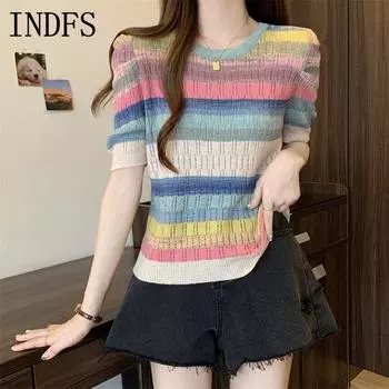 INDFS Женская мода Повседневная Летняя Весна Полосатый Принт Короткие Рукава О-Образный Вырез Блузки и Рубашки Size: One Size розовый