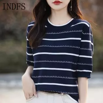 INDFS Женская мода Повседневная Летняя Весна Полосатый Принт Короткие Рукава О-Образный Вырез Блузки и Рубашки S тёмно-синий