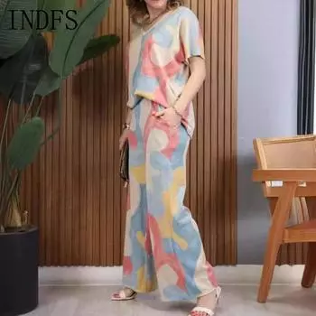 INDFS Женская мода повседневная летняя весенняя цветная блузка с коротким рукавом и V-образным вырезом блузки и рубашки брюки костюмы S